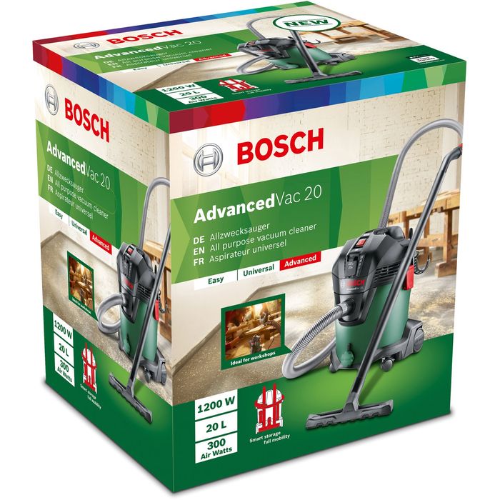 Průmyslový vysavač Bosch Advanced Vac 20 se může pochlubit bohatým příslušenstvím