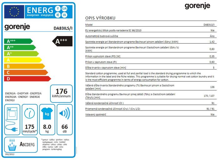 Emergetický štítek sušičky Gorenje DA83ILS/I