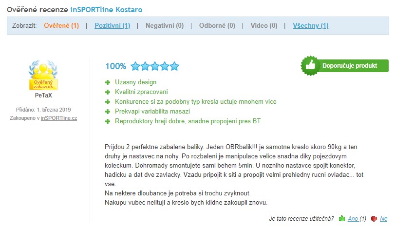 Recenze a zkušenosti s masážním křeslem inSPORTline Kostaro